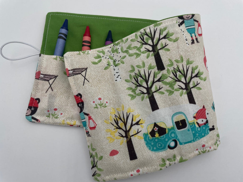 Crayon Roll, Crayon Caddy, Travel Toy, Kids Stocking Stuffer, Crayons Included - Animals Camping