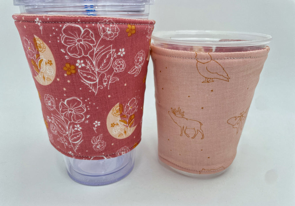 Reversible Coffee Cozy, Insulated Coffee Sleeve, Coffee Cuff, Iced Coffee Sleeve, Hot Tea Sleeve, Cold Drink Cuff - Moon and Leaves Pink