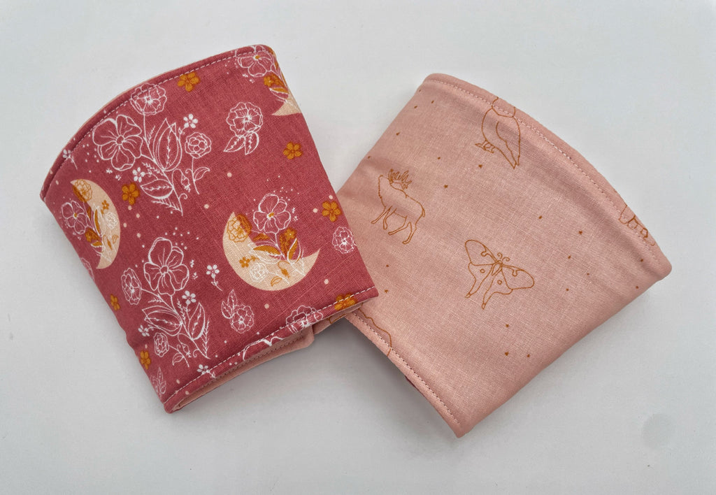 Reversible Coffee Cozy, Insulated Coffee Sleeve, Coffee Cuff, Iced Coffee Sleeve, Hot Tea Sleeve, Cold Drink Cuff - Moon and Leaves Pink