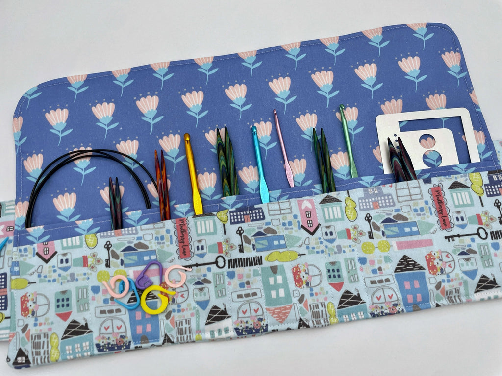 Interchangeable Knitting Needle Case, Knitting Notions Storage, Crochet Hook Roll, Knitting Needle Organizer - Our Town Blue