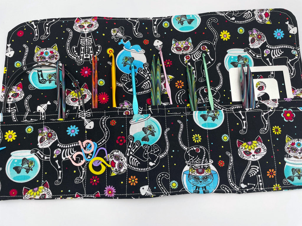 Interchangeable Knitting Needle Case, Knitting Notions Storage. Crochet Hook Roll, Knitting Needle Organizer - Sugar Skulls Kitty