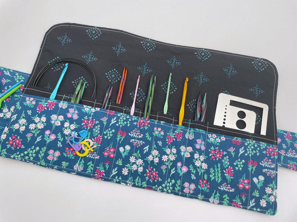 Interchangeable Knitting Needle Case, Knitting Notions Storage, Crochet Hook Roll, Knitting Needle Organizer - Aquarelle Floral