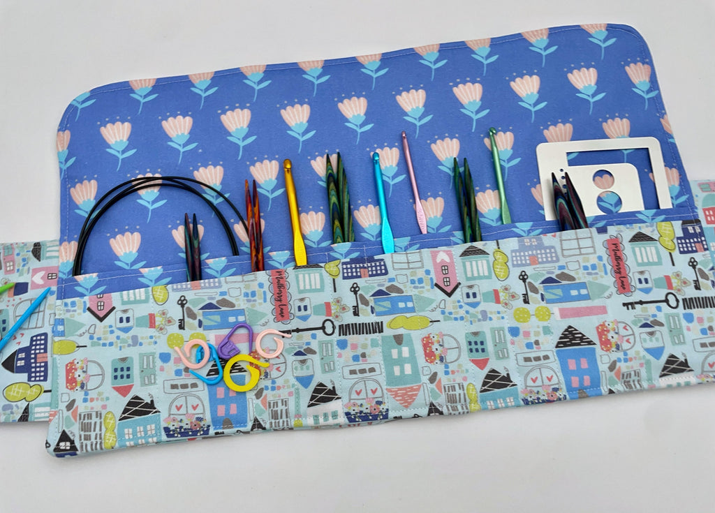 Interchangeable Knitting Needle Case, Knitting Notions Storage, Crochet Hook Roll, Knitting Needle Organizer - Our Town Blue