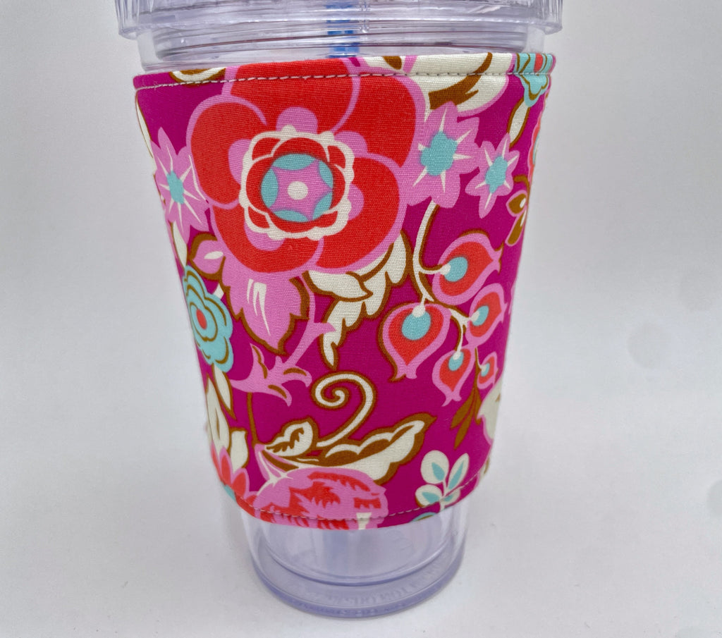 Reversible Coffee Cozy, Insulated Coffee Sleeve, Coffee Cuff, Iced Coffee Sleeve, Hot Tea Sleeve, Cold Drink Cup Cuff - Magenta Floral