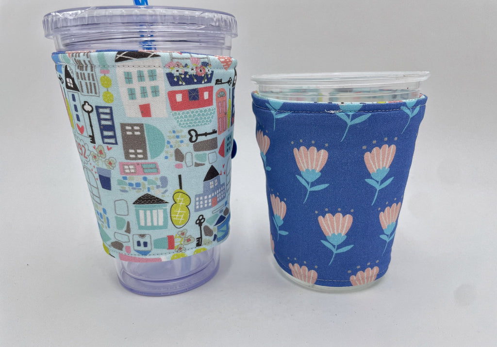Reversible Coffee Cozy, Insulated Coffee Sleeve, Coffee Cuff, Iced Coffee Sleeve, Hot Tea Sleeve, Cold Drink Cup Cuff - Our Town Blue