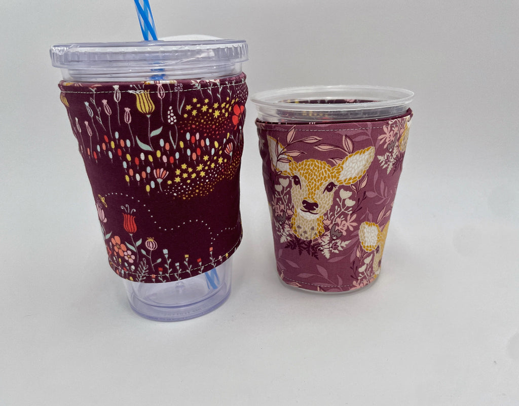 Reversible Coffee Cozy, Insulated Coffee Sleeve, Coffee Cuff, Iced Coffee Sleeve, Hot Tea Sleeve, Cold Drink Cup Cuff - Deer Ruby Purple