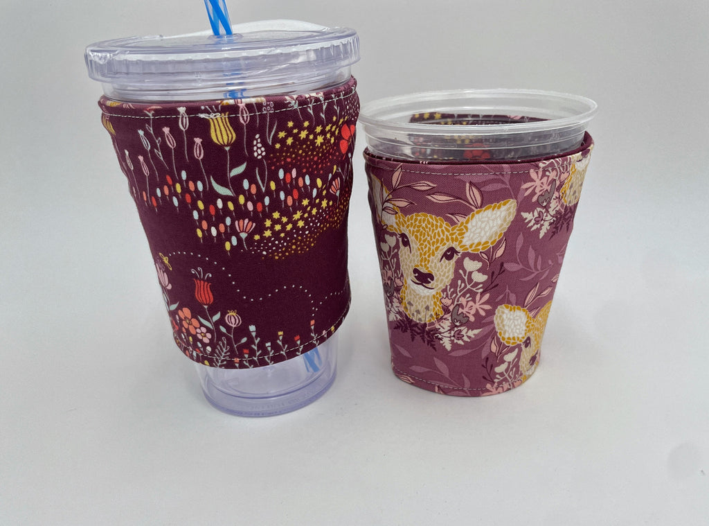 Reversible Coffee Cozy, Insulated Coffee Sleeve, Coffee Cuff, Iced Coffee Sleeve, Hot Tea Sleeve, Cold Drink Cup Cuff - Deer Ruby Purple