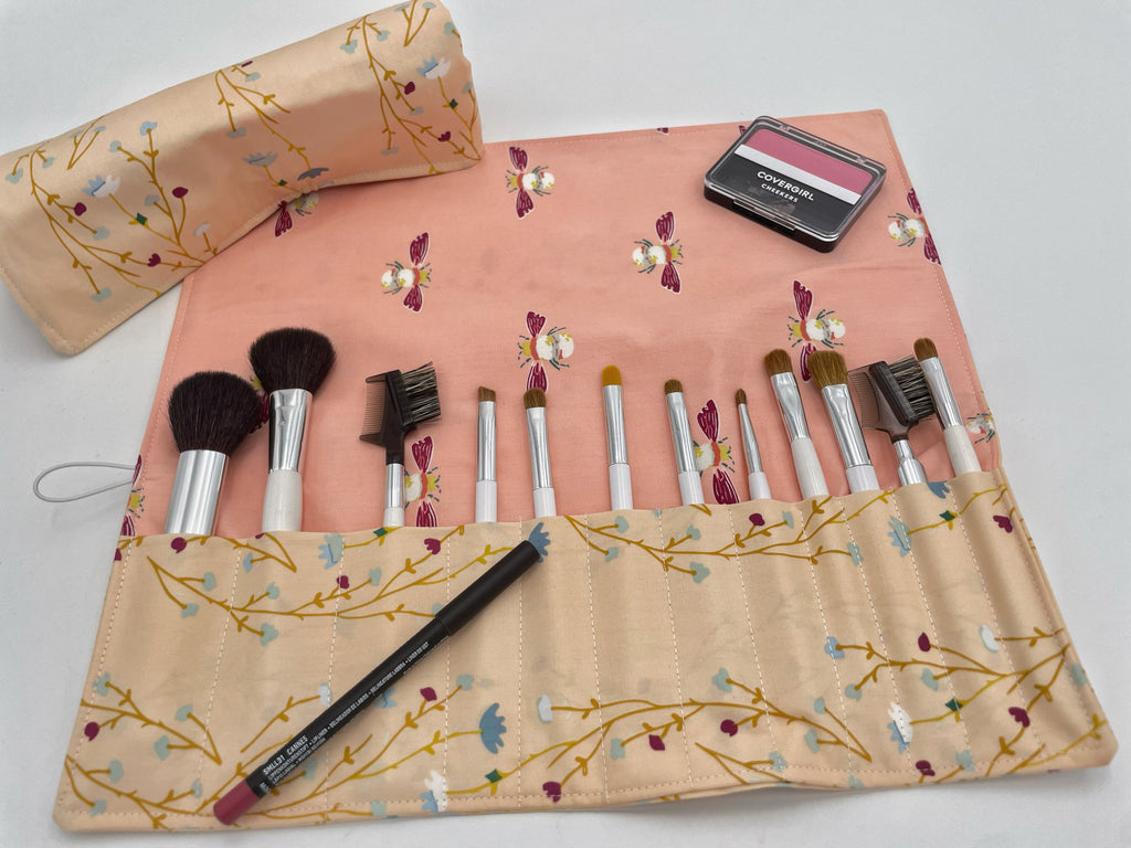 Travel Makeup Brush Holder, Makeup Brush Roll, Peach Makeup Brush Organizer, Travel Make Up Brush Bag, Brush Case - Peonies Blush
