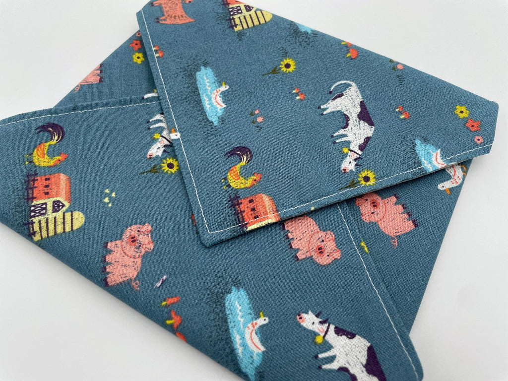 Reusable Sandwich Bag, Sandwich Wrap, Eco-friendly Sandwich Mat, Animal School Lunch Farm Animals Blue