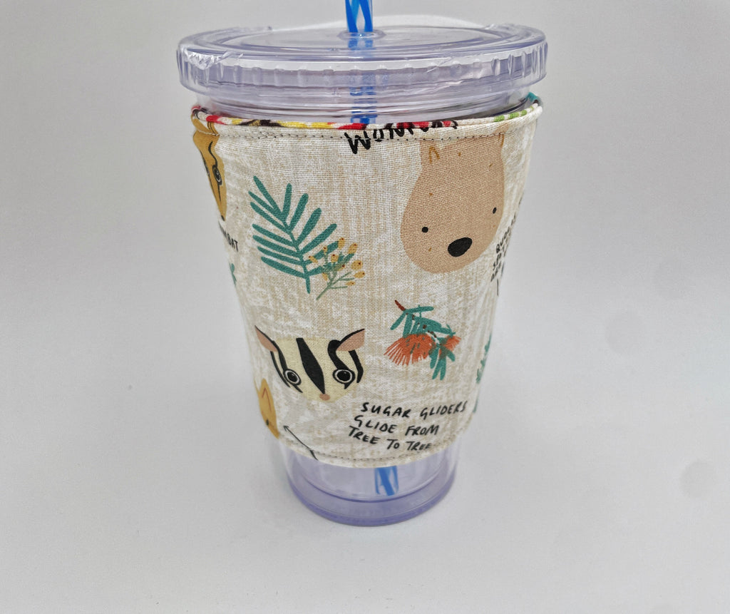 Reversible Coffee Cozy, Insulated Coffee Sleeve, Coffee Cuff, Iced Coffee Sleeve, Hot Tea Sleeve, Cold Drink Cup Cuff - Australian Animals