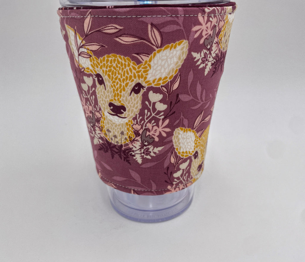 Reversible Coffee Cozy, Insulated Coffee Sleeve, Coffee Cuff, Iced Coffee Sleeve, Hot Tea Sleeve, Cold Drink Cup Cuff - Deer Ruby Purple