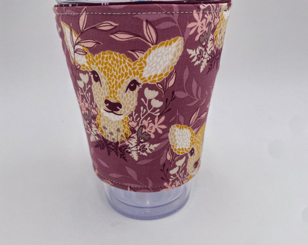 Reversible Coffee Cozy, Insulated Coffee Sleeve, Coffee Cuff, Iced Coffee Sleeve, Hot Tea Sleeve, Cold Drink Cup Cuff - Deer Ruby Purple