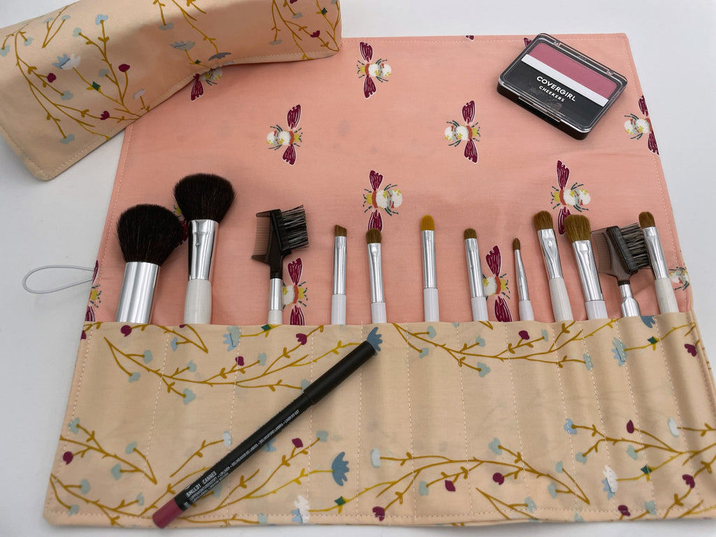 Travel Makeup Brush Holder, Makeup Brush Roll, Peach Makeup Brush Organizer, Travel Make Up Brush Bag, Brush Case - Peonies Blush