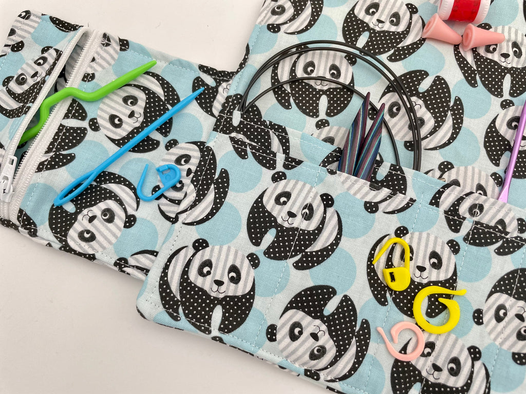 Interchangeable Knitting Needle Case, Notions Storage. Crochet Hook Roll, Knitting Needle Organizer, Panda Bear Blue