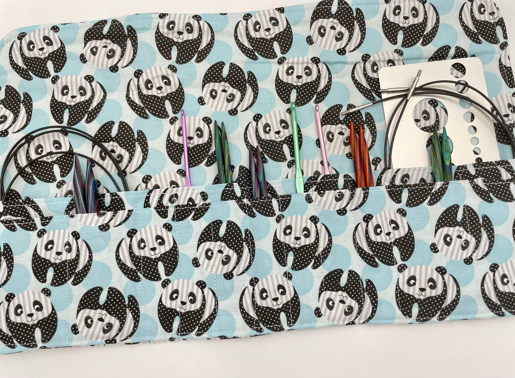 Interchangeable Knitting Needle Case, Notions Storage. Crochet Hook Roll, Knitting Needle Organizer, Panda Bear Blue