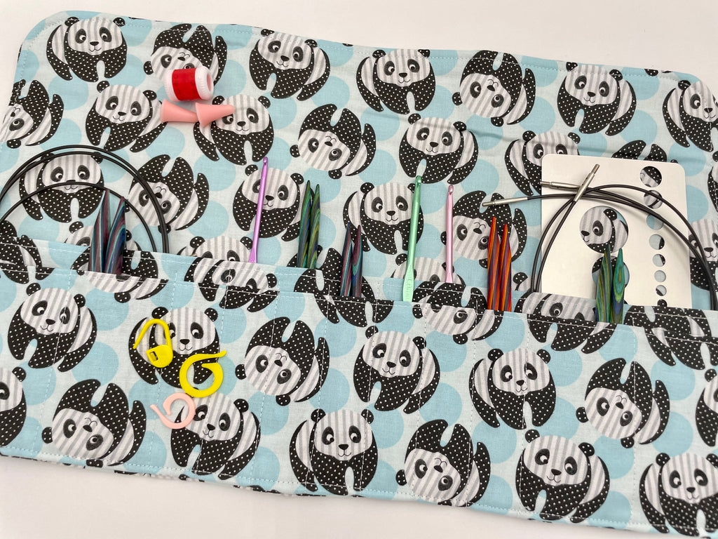 Interchangeable Knitting Needle Case, Notions Storage. Crochet Hook Roll, Knitting Needle Organizer, Panda Bear Blue