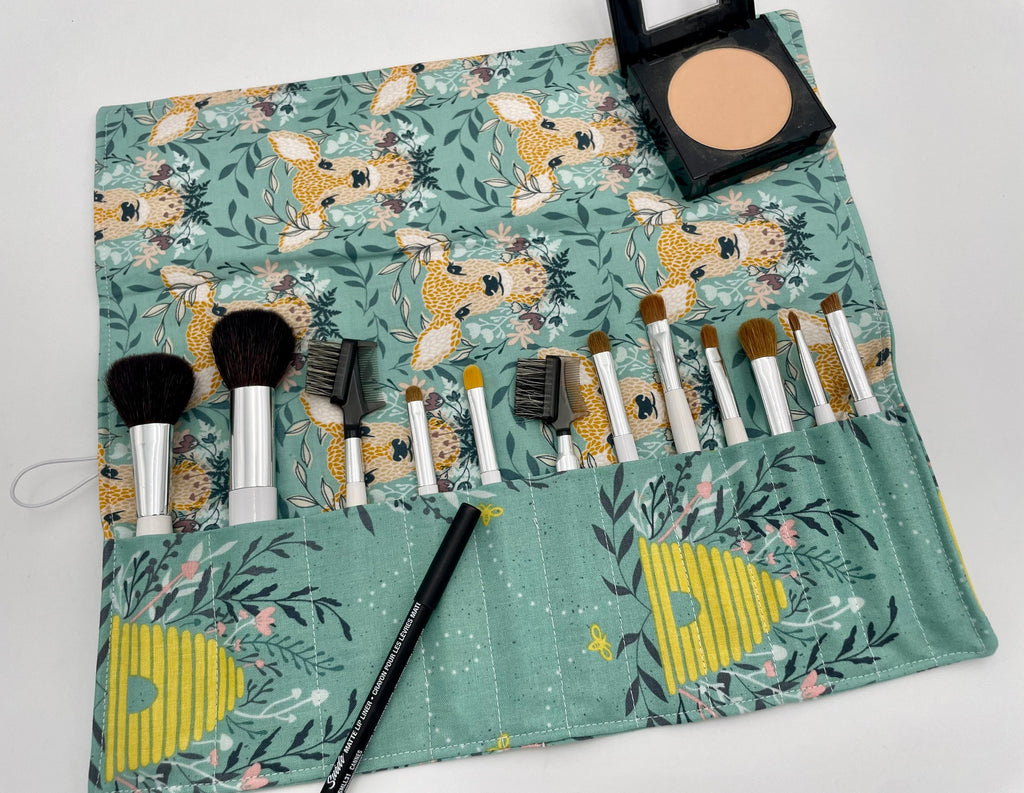 Makeup Brush Holder, Makeup Brush Roll, Makeup Brush Bag, Makeup Brush Organizer, Cosmetic Brush Case - Deer Honeybee Green