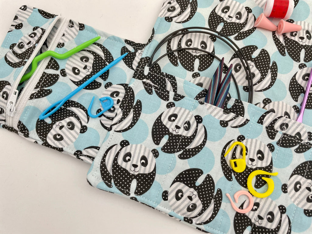 Interchangeable Knitting Needle Case, Notions Storage. Crochet Hook Roll, Knitting Needle Organizer, Panda Bear Blue