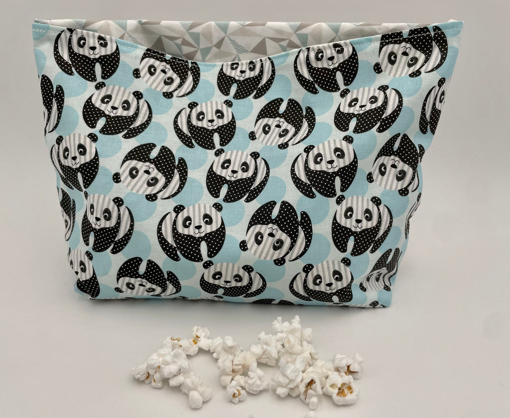 Reusable Popcorn Bag, Reusable Microwave Popcorn, Microwave Popcorn Cozy, Eco-Friendly Snack Holder - Panda Bear Blue