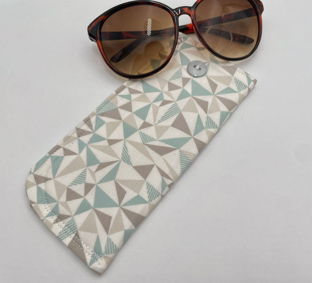 Soft Eyeglass Pouch, Fabric Glasses Sleeve, Sunglasses Case, Eye Glasses Pouch - Gray Green Triangles