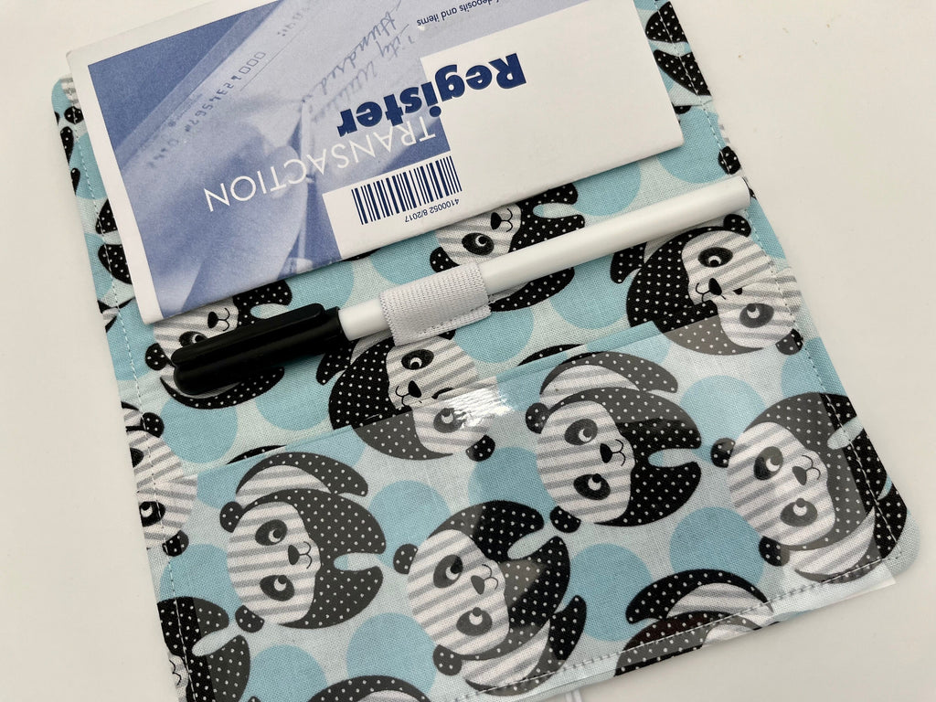 Blue Duplicate Checkbook Cover, Check Book Register, Duplicate Check Book Register, Fabric Checbook Cover - Panda Bear Blue