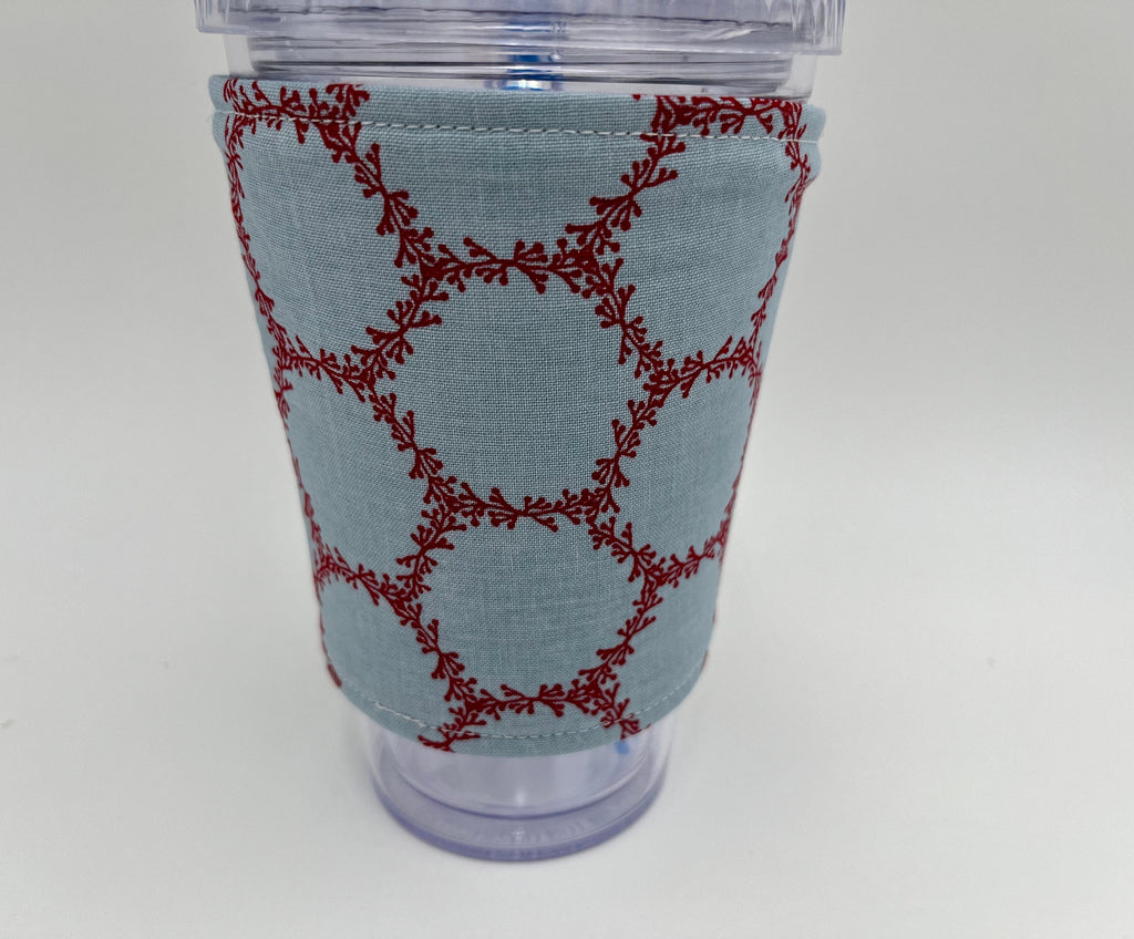 Reversible Coffee Cozy, Insulated Coffee Sleeve, Coffee Cuff, Iced Coffee Sleeve, Hot Tea Sleeve, Cold Drink Cup Cuff - birds Bblue, Red