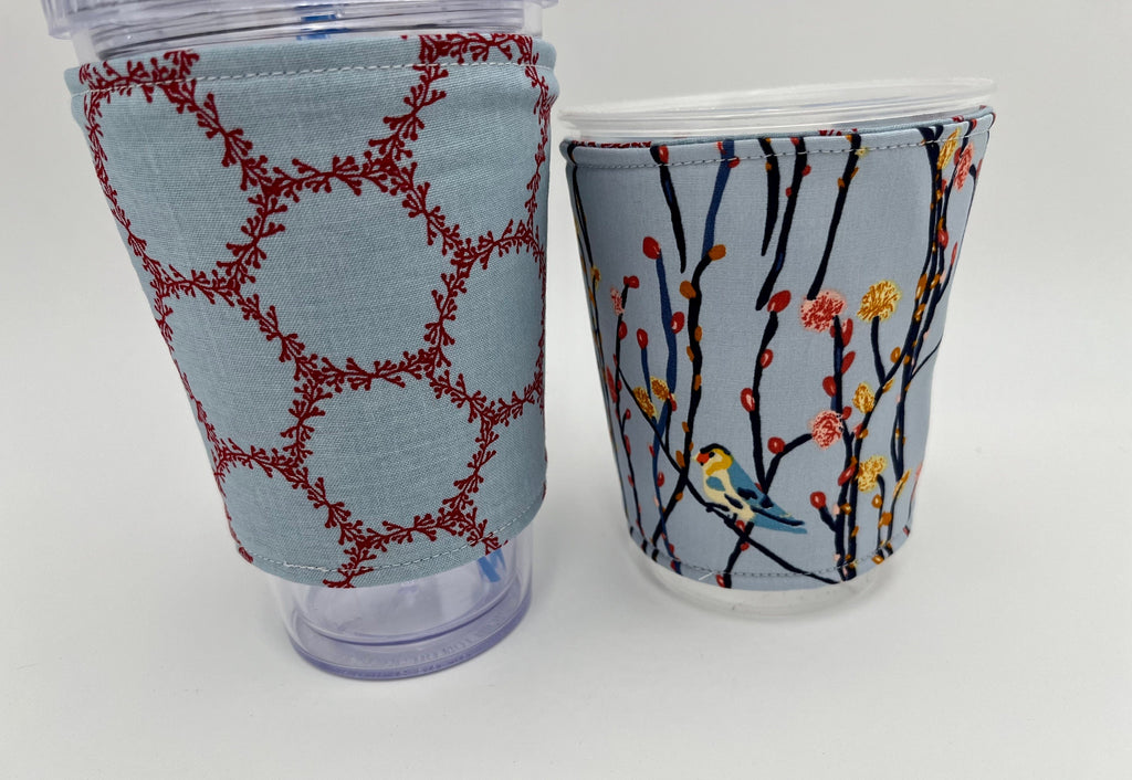 Reversible Coffee Cozy, Insulated Coffee Sleeve, Coffee Cuff, Iced Coffee Sleeve, Hot Tea Sleeve, Cold Drink Cup Cuff - birds Bblue, Red
