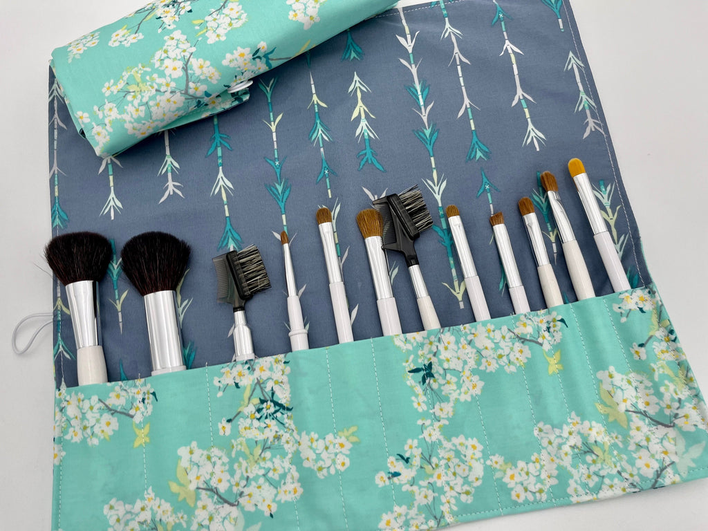 Green Makeup Brush Roll, Travel Make Up Brush Organizer, Make Up Brush Holder, Makeup Brush Case, Travel Cosmetic Brush - Green Floral