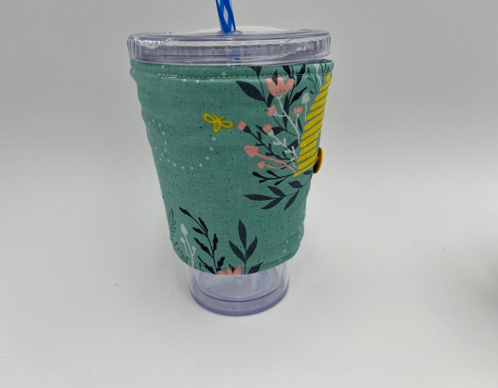 Reversible Coffee Cozy, Insulated Coffee Sleeve, Coffee Cuff, Iced Coffee Sleeve, Hot Tea Sleeve, Cold Drink Cup Cuff - Deer Honeybee Green