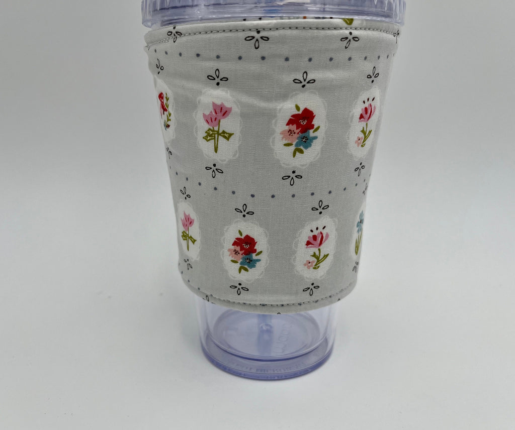 Reversible Coffee Cozy, Insulated Coffee Sleeve, Coffee Cuff, Iced Coffee Sleeve, Hot Tea Sleeve, Cold Drink Cup Cuff - Dollhouse Floral
