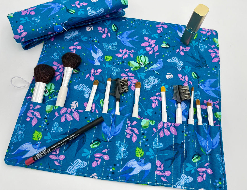 Blue Makeup Brush Roll, Makeup Brush Organizer, Makeup Brush Holder, Makeup Brush Bag, Cosmetic Brush Roll - Anew Birds Teal Blue