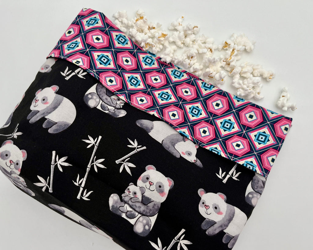 Reusable Popcorn Bag, Reusable Microwave Popcorn, Microwave Popcorn Cozy, Eco-Friendly Snack Holder - Panda Bear Family