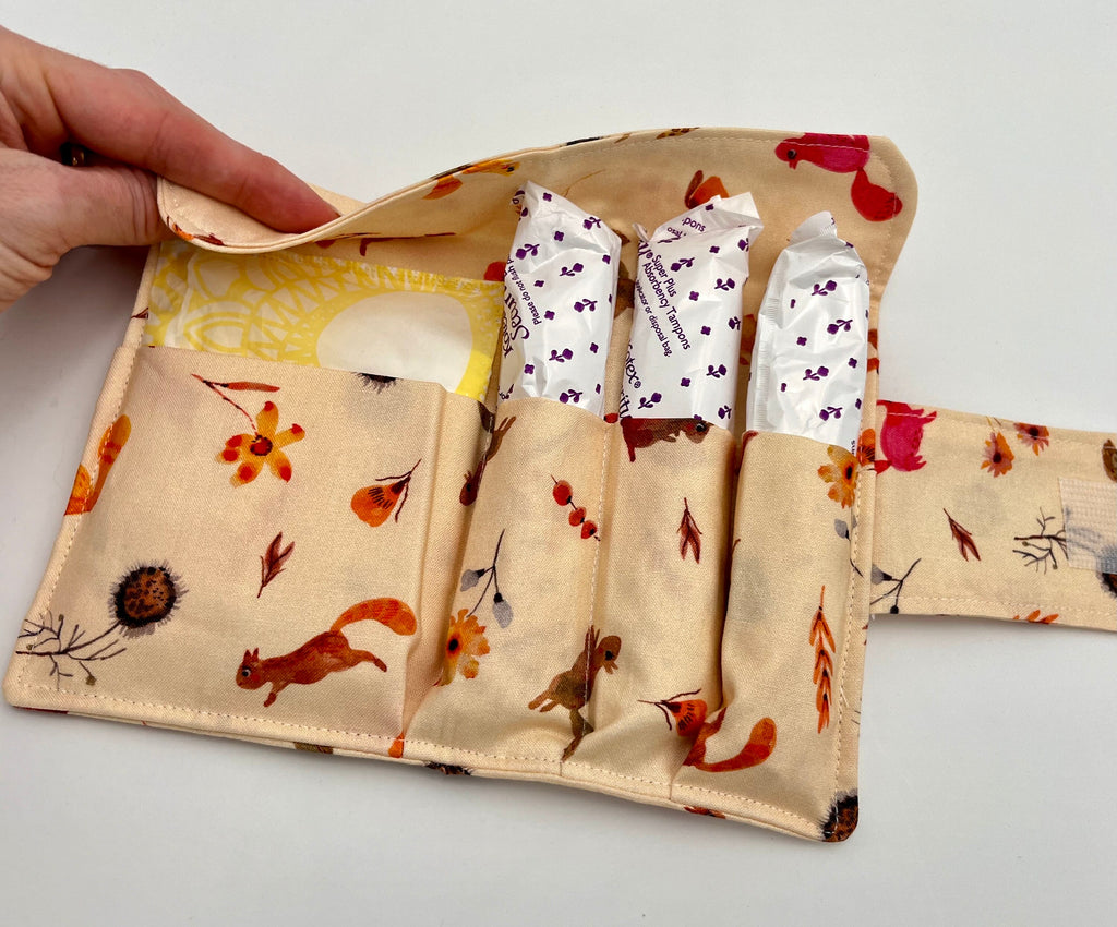 Privacy Pouch, Cream Tampon Case, Sanitary Pad Case, Pad Holder, Tampon Bag, Tampon Holder - Squirrels Autumn