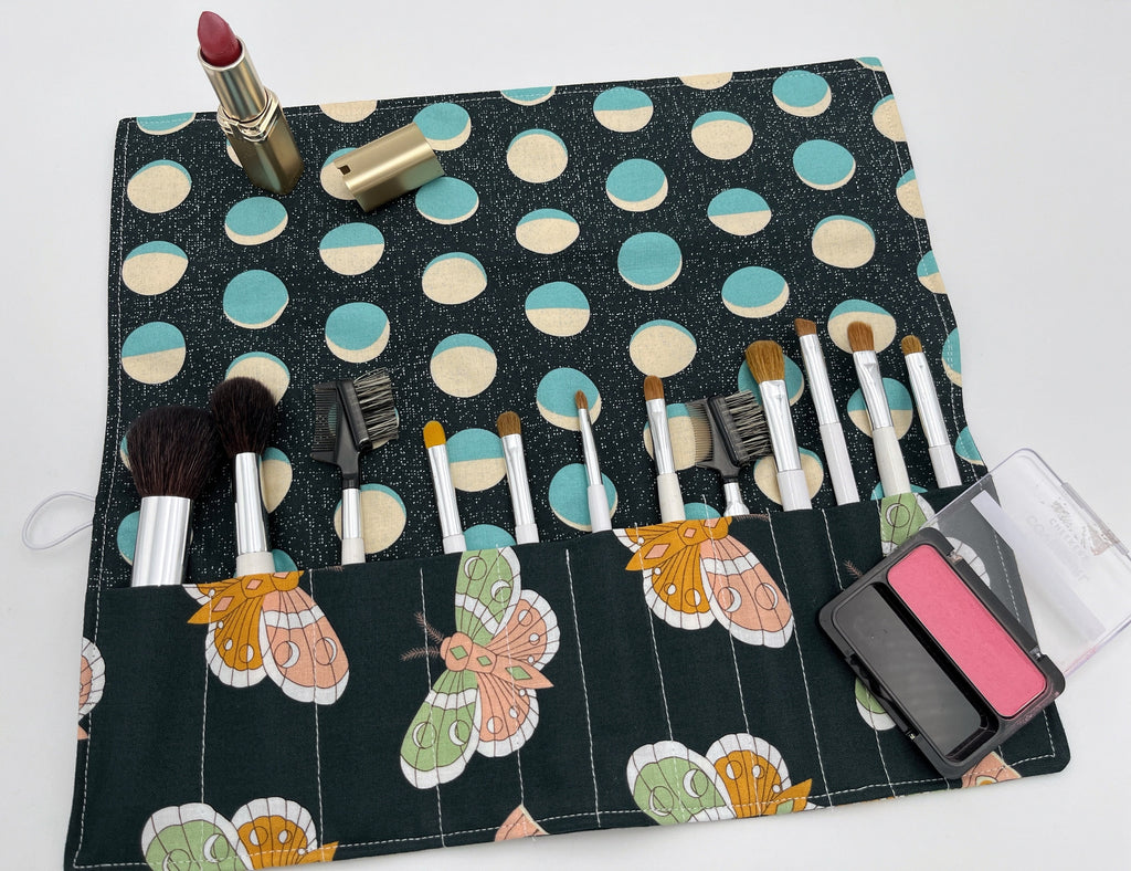 Travel Makeup Brush Roll Holder, Makeup Brush Bag, Makeup Brush Organizer, Makeup Brush Case - Lunar Moth Night