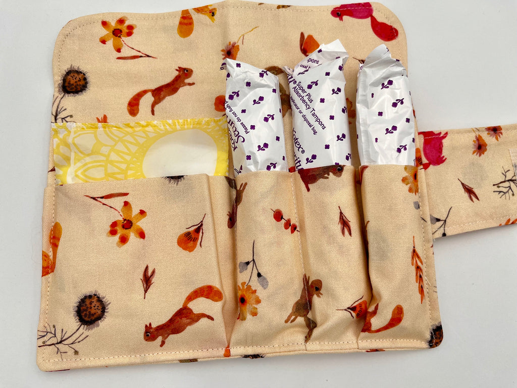 Privacy Pouch, Cream Tampon Case, Sanitary Pad Case, Pad Holder, Tampon Bag, Tampon Holder - Squirrels Autumn