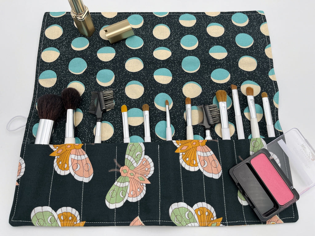 Travel Makeup Brush Roll Holder, Makeup Brush Bag, Makeup Brush Organizer, Makeup Brush Case - Lunar Moth Night