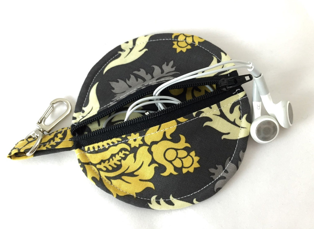 Gray Damask Ear Pod Pouch, Gold Damask Pacifier Case, Lip Balm Holder - EcoHip Custom Designs