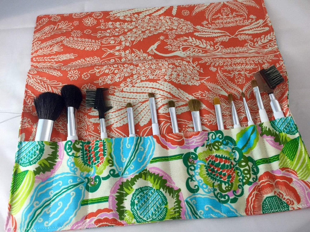 Orange Floral Makeup Brush Organizer, Travel Make Up Brush Case, Brush Roll - EcoHip Custom Designs