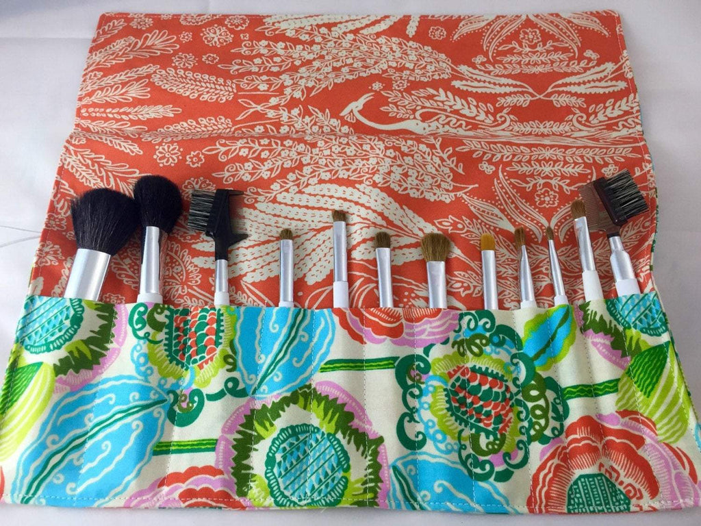Orange Floral Makeup Brush Organizer, Travel Make Up Brush Case, Brush Roll - EcoHip Custom Designs