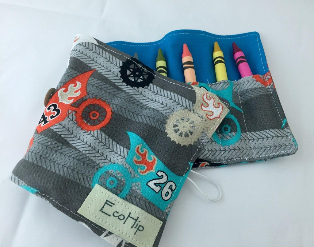 Crayon Roll, Motorcycle Crayon Caddy, Boy’s Travel Toy, Crayons Included - Grey Motorcycles