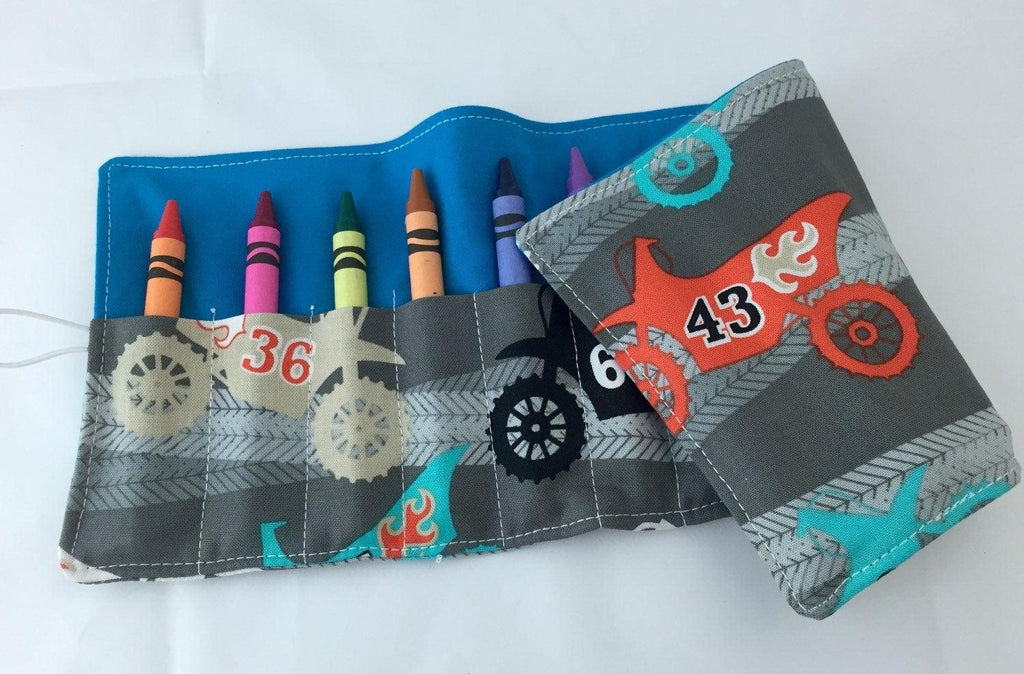 Crayon Roll, Motorcycle Crayon Caddy, Boy’s Travel Toy, Crayons Included - Grey Motorcycles