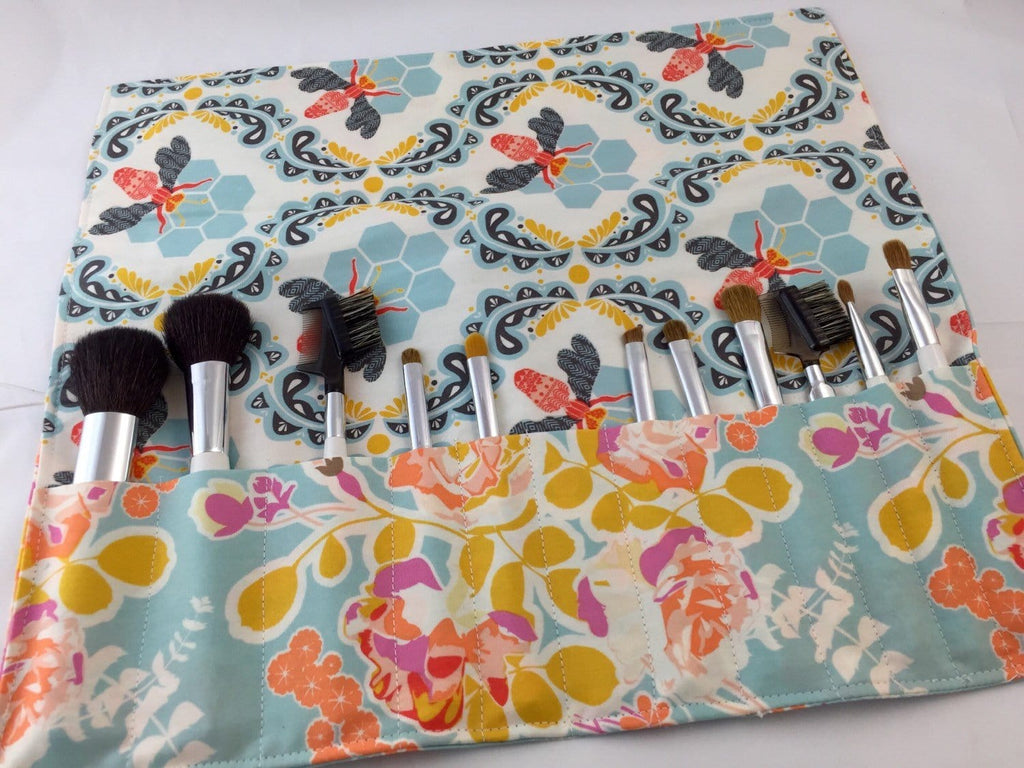Travel Cosmetic Brush Bag, Honey Bee Makeup Brush Case, Blue Makeup Pouch - EcoHip Custom Designs