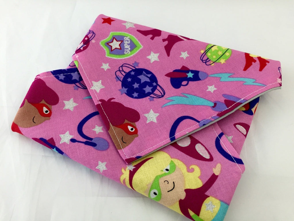 Girl Superhero Sandwich Bag, Pink Sandwich Mat, Super Hero Girl Napkin - EcoHip Custom Designs