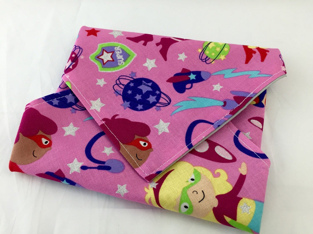 Girl Superhero Sandwich Bag, Pink Sandwich Mat, Super Hero Girl Napkin - EcoHip Custom Designs