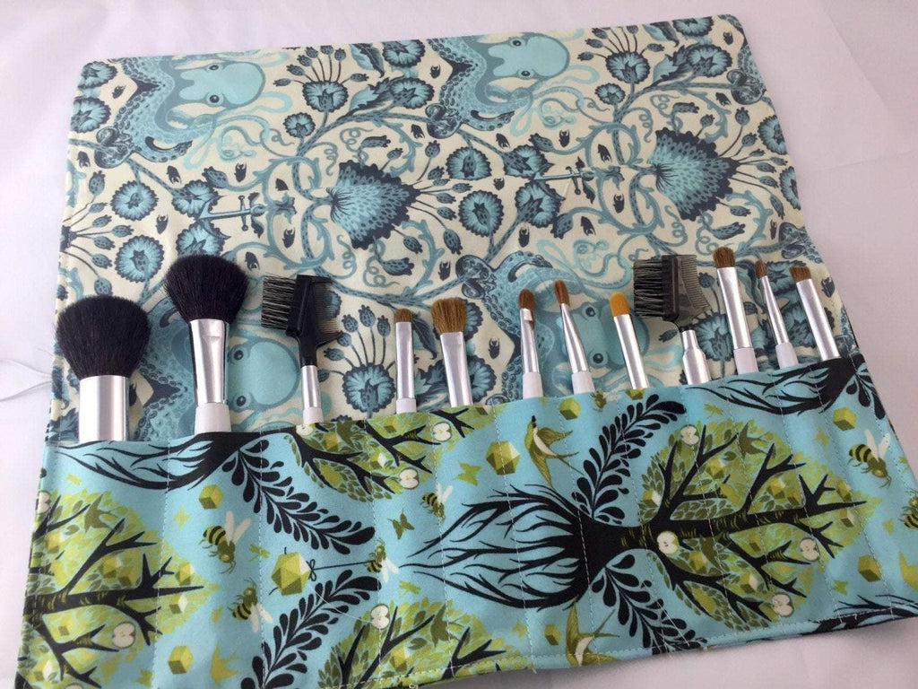 Tree of Life Makeup Brush Organizer, Blue Cosmetic Brush Case, Paintbrush Roll - EcoHip Custom Designs