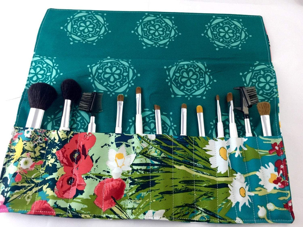 Teal Green Makeup Brush Organizer, Travel Crochet Hook Roll, Paintbrush Case - EcoHip Custom Designs