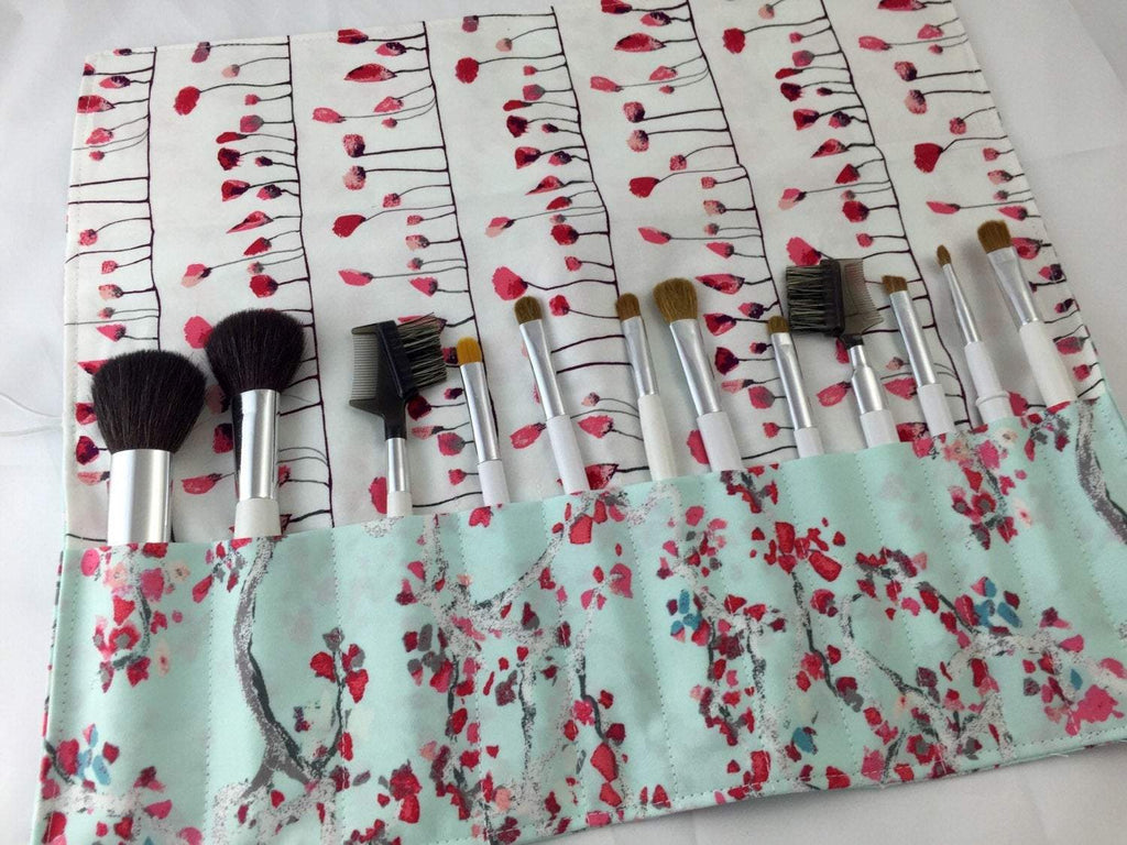 Red Floral Make Up Brush Case, Blue Makeup Brush Bag, Travel Organizer - EcoHip Custom Designs