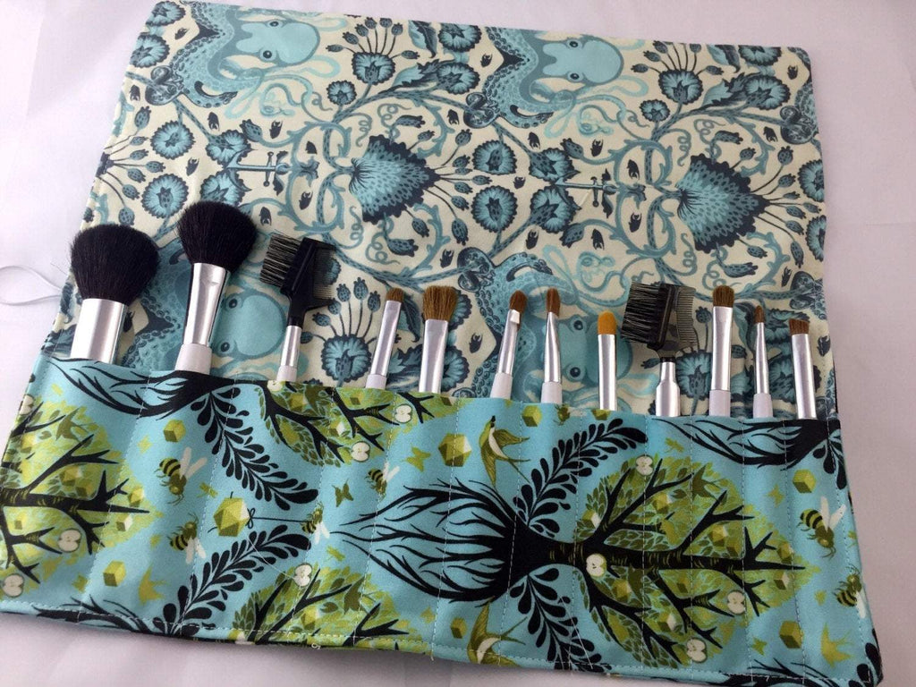 Tree of Life Makeup Brush Organizer, Blue Cosmetic Brush Case, Paintbrush Roll - EcoHip Custom Designs
