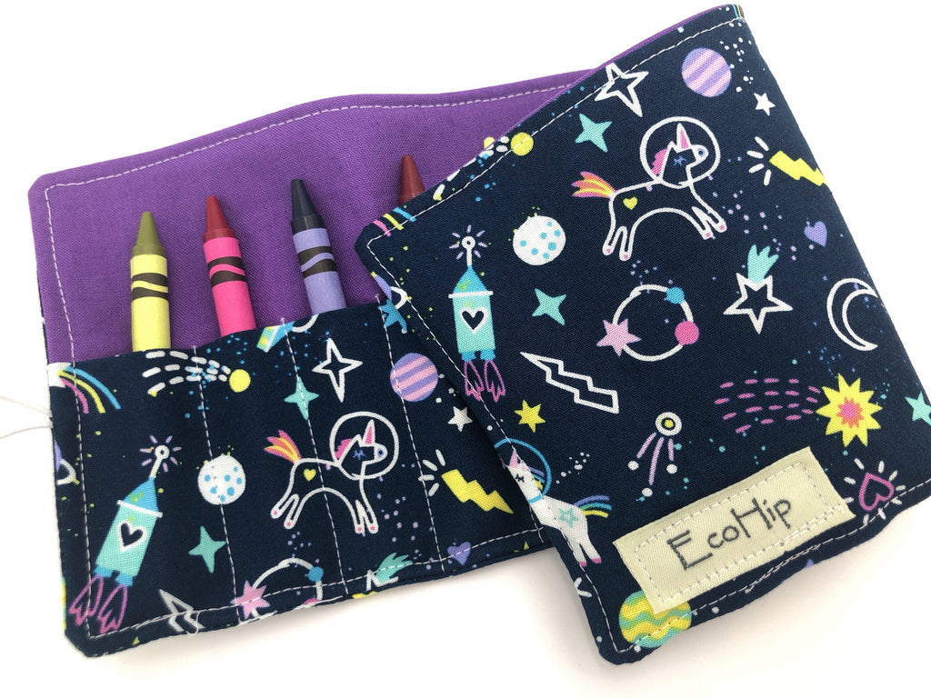 Unicorn Crayon Roll, Girl's Stocking Stuffer, Outer Space Crayon Case, Shooting Stars - EcoHip Custom Designs