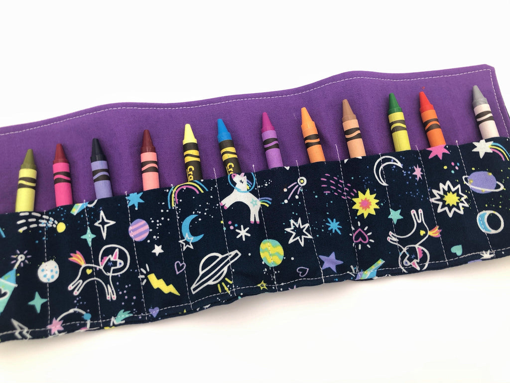 Unicorn Crayon Roll, Girl's Stocking Stuffer, Outer Space Crayon Case, Shooting Stars - EcoHip Custom Designs